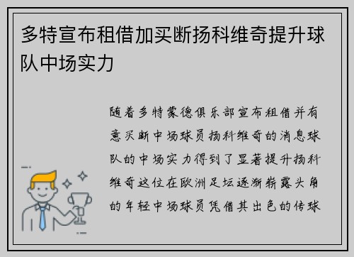 多特宣布租借加买断扬科维奇提升球队中场实力